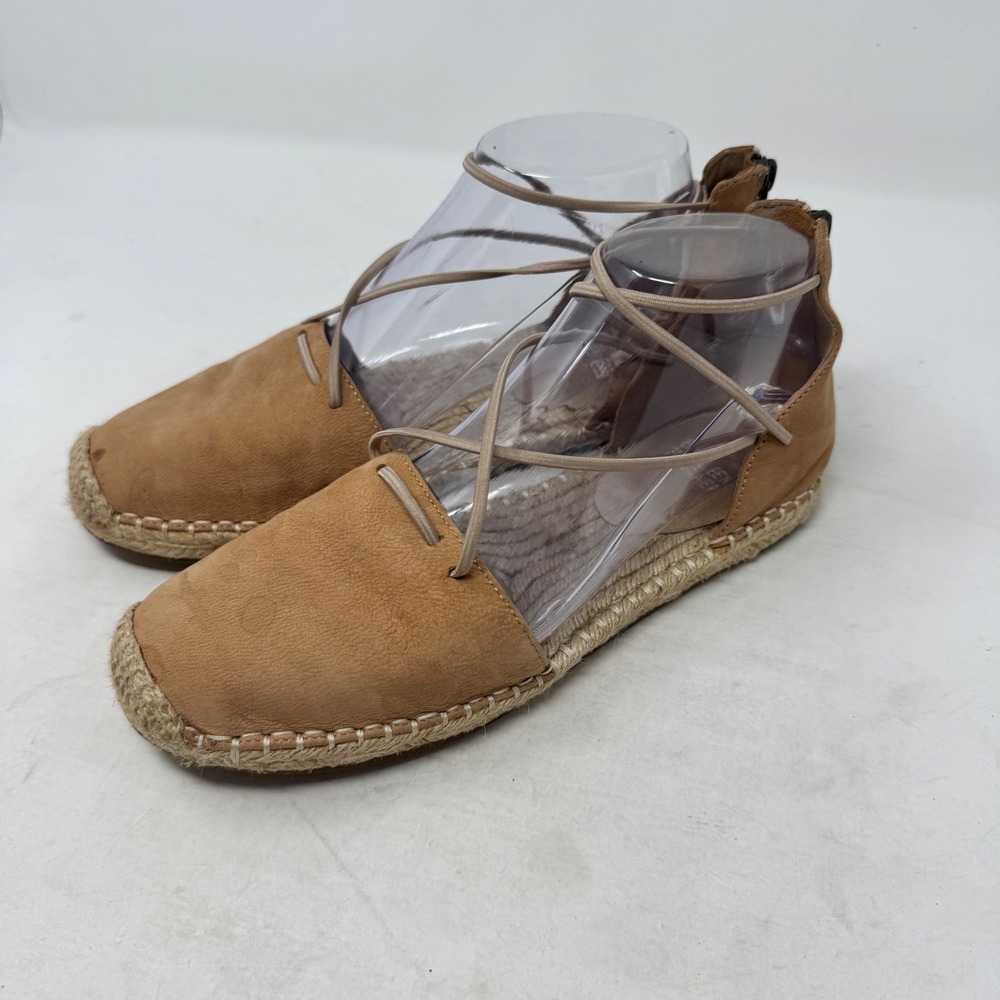 Eileen Fisher Lace Up Espadrille Flats Tan 7.5 Suede Boho Beachy Casual Shoes
